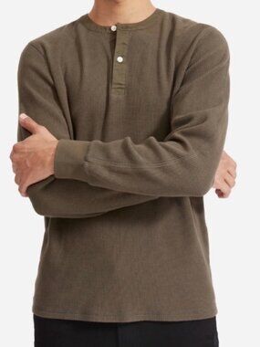 Everlane Men’s Long Sleeve Cotton Waffle Thermal Henley Tee | Olive Green | XL
